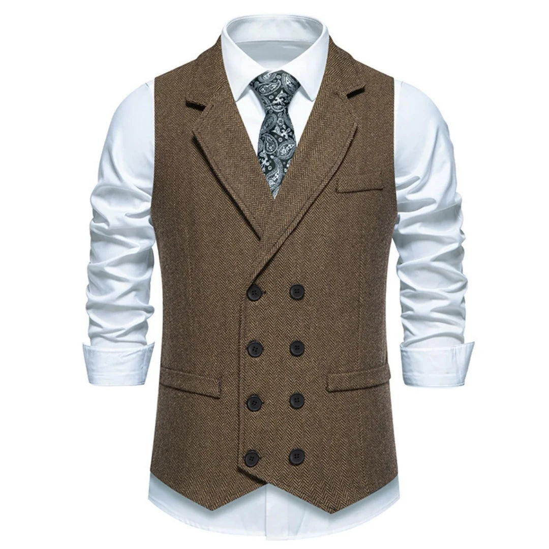 Men Vest Gray Herringbone Double Button With Lapel Waistcoat For Wedding Groom Business Banquet Office Work Men Suit Vest