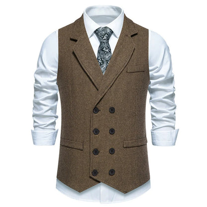 Men Vest Gray Herringbone Double Button With Lapel Waistcoat For Wedding Groom Business Banquet Office Work Men Suit Vest