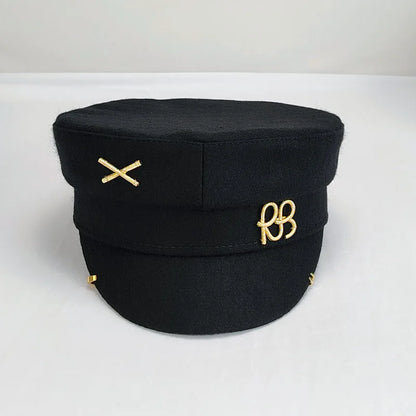 Brand New Autumn Winter Wool Hat  with Metal Letter Logo Women Newsboy Cap with Earrings Flat Caps