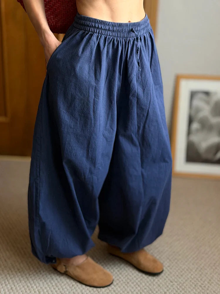 Summer Cotton Oversized Pants For Women Blue Baggy Aladdin Trousers Elastic Bloomers Navy Blue Cropped Lantern Harem Pants Woman