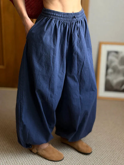 Summer Cotton Oversized Pants For Women Blue Baggy Aladdin Trousers Elastic Bloomers Navy Blue Cropped Lantern Harem Pants Woman