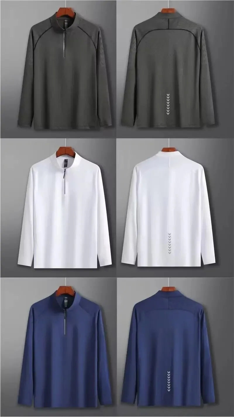 New Autumn Winter Running Gym Men Shirt Long Sleeve Tees Elastic Fit Sports Training Fitness Quick Dry Zip Collar Polo T Shirt