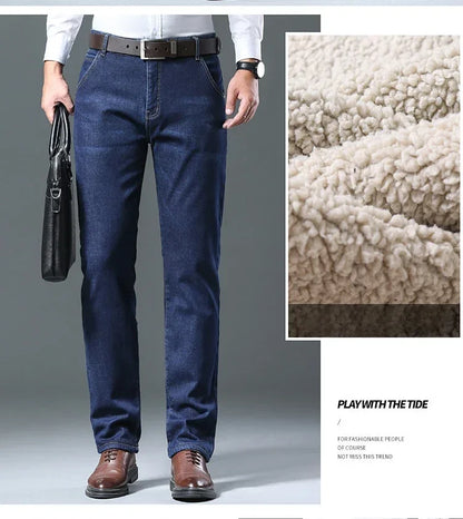 Winter Men's Fleece Thick Sherpa Jeans Business Casual Velvet Straight Denim Pants Male Wool Plush Classic Stretch Trousers