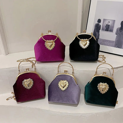 Chains Velvet Frame Heart Dinner Hand Bags Diamonds High Quality Shoulder and Crossbody Bags for Women 2024 Fashion Hot Sale