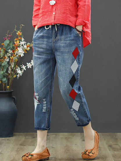 Summer Females Luxury Embroidery Jeans Womens Fashion Vintage Ripped Denim Trousers Loose Holes Elastic Harem Pants