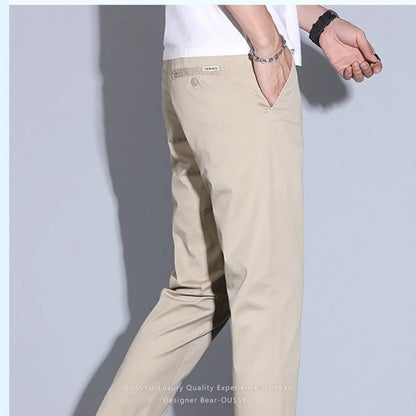 High Quality Summer Men's White Ankle Length Casual Pants 97%Cotton Breathable Straight Business Slim Work Chino Trousers Man