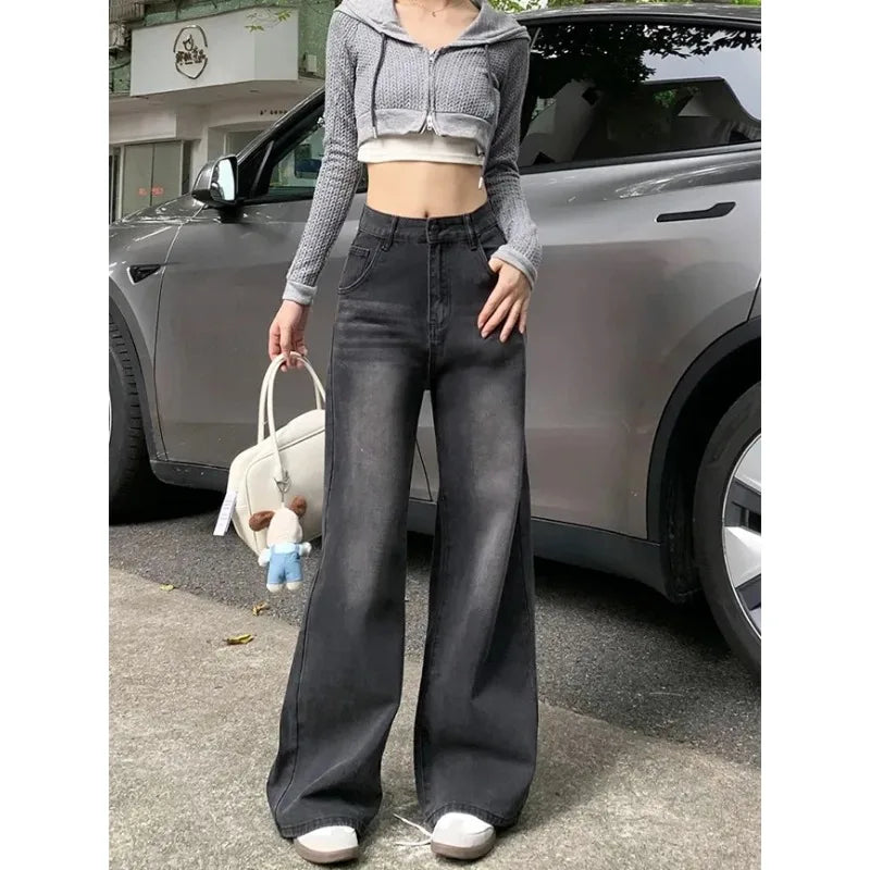 Casual High Waist Jeans Denim Loose Fit Personality Vintage Black Gray Straight Leg Wide Leg Trousers Women Women's pants