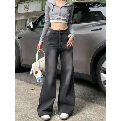 Casual High Waist Jeans Denim Loose Fit Personality Vintage Black Gray Straight Leg Wide Leg Trousers Women Women's pants