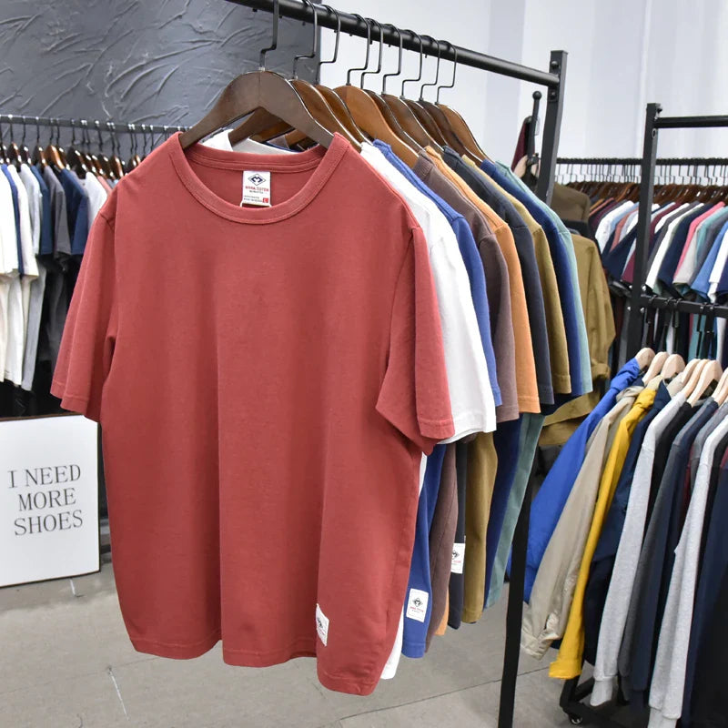 Summer New American Retro Short-sleeved O-neck Soild Color T-shirt Men's Fashion Simple 100% Cotton Washed Casual Sport Tops
