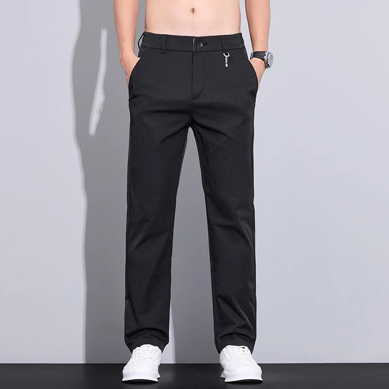 Spring Summer Thin Men's Slim Casual Pants Solid Color Elastic Waist Soft Breathable Business Straight Trousers Black Beige Gray