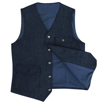Men Vest Dark Green Herringbone Single Button V Neck Pocket Waistcoat For Wedding Party Business Work Daily Casual Men Suit Vest
