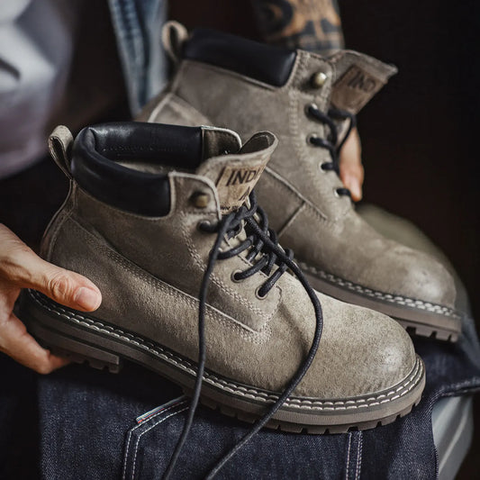 Maden Men's Retro Full Grain Pigskin High Top Work Boots Casual Lace-Up Desert Boots Genuine Leather Ankle Boots for Fall Winter