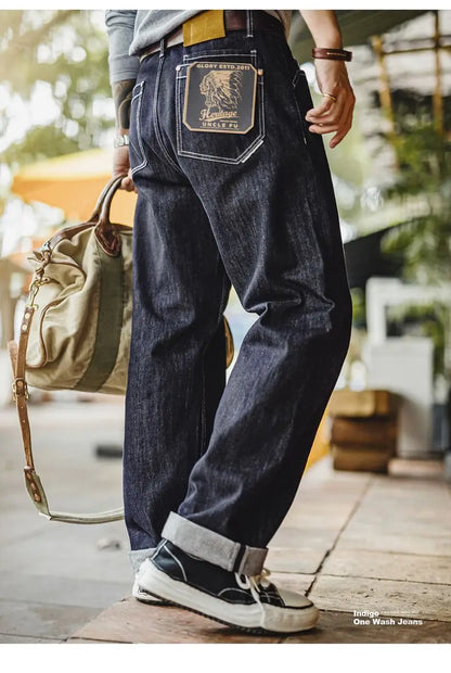 Vintage 12oz One-Washed Denim Jeans for Men Straight Wide Leg Trousers Loose Fit Zip Fly Casual Pants for Fall Winter