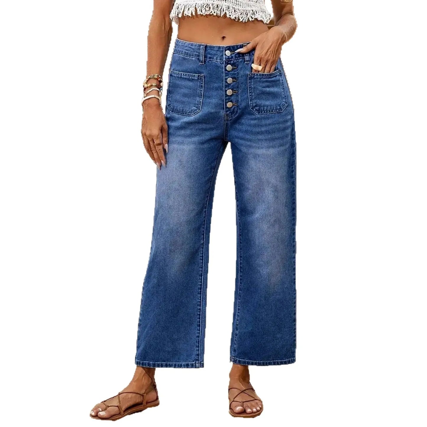 Women's Straight Leg Denim Jeans with Multi-Button Closure - Dark Wash Blue Denim Pants for Comfort and Style