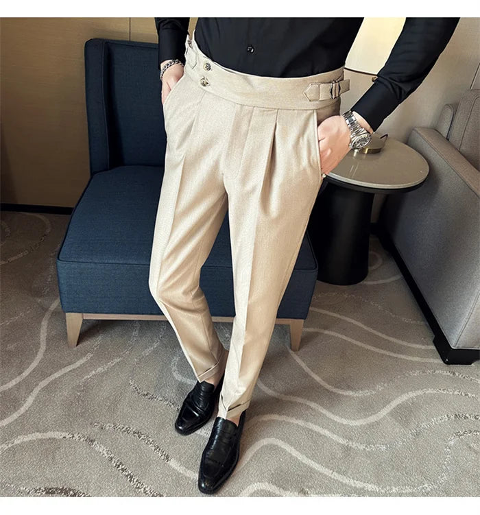 Pure Color Male Business Wedding Dress Pants Fashion Unique Design Men Waist Adjustable Suit Pant No Belt Slim Trousers Homme
