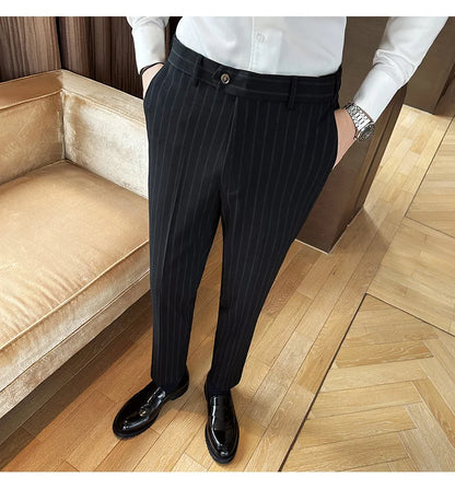 High Quality Striped Suit Pants 2025 Autumn New Fashion Slim Fit Business Elastic waisted Pants Male Wedding Party Trousers