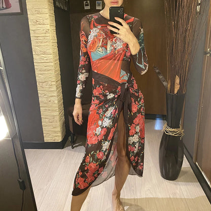 S - XXL Printed Long Sleeve With Sarong One Piece Swimsuit Women Swimwear Female Flowers Padded Bather Bathing Suit Swim V7181