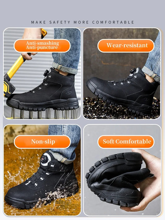 Work Shoes Men Anti-smashing Anti-puncture Safety Shoes Rotating Buttons Autumn Winter Protective Work Safety Boots