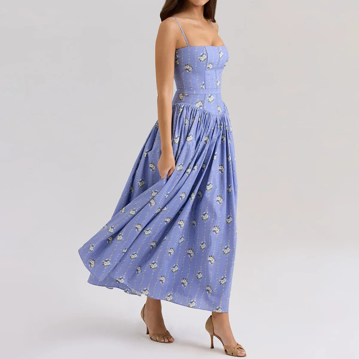 Summer Floral Print Dress Elegant 2025 New Arrivals Spaghetti Strap Flare Dress Maxi Holiday Party Dresses Women