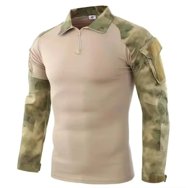 Men's Long Sleeve Combat Shirt Zipper Ripstop Cotton Tactical Shirts Navy Blue Camoufalge Airsoft T Shirts