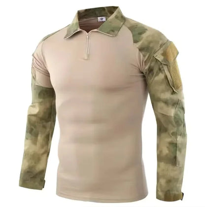 Men's Long Sleeve Combat Shirt Zipper Ripstop Cotton Tactical Shirts Navy Blue Camoufalge Airsoft T Shirts