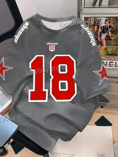 Mens 3D Number 18 Printed Short Sleeve T Shirt Man V Neck Sportwear Brooklyn Racing Football Tee Vintage Casual Tops Men Clothes