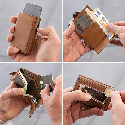 Porte-cartes Pop-Up avec protection RFID en cuir véritable Portefeuille avec compartiment pour billets et pièces de monnaie pour hommes et femmes