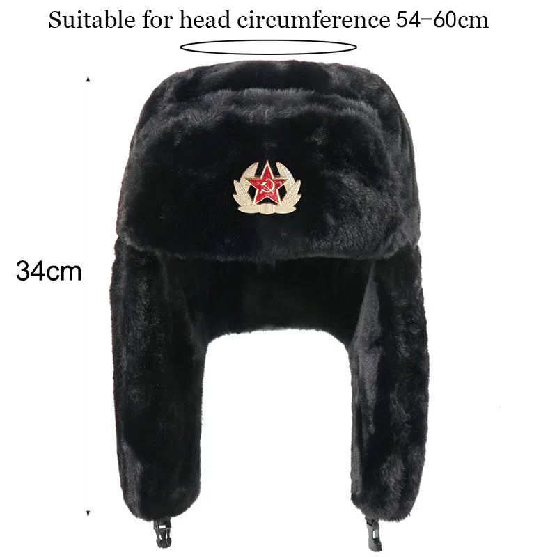 Winter Women Soviet Badge Bomber Hat Warm Faux Rabbit Fur Pilot Ushanka Windproof Thermal Earflap Hats For Men Ski Caps