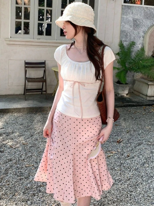 تنورة منقطة حلوة من Deepetown للنساء، أنيقة عتيقة، وردية بكشكشة، تنورات قصيرة على الطراز الكوري، تنورة صيفية بتصميم A-line ضيقة ومرفوعة