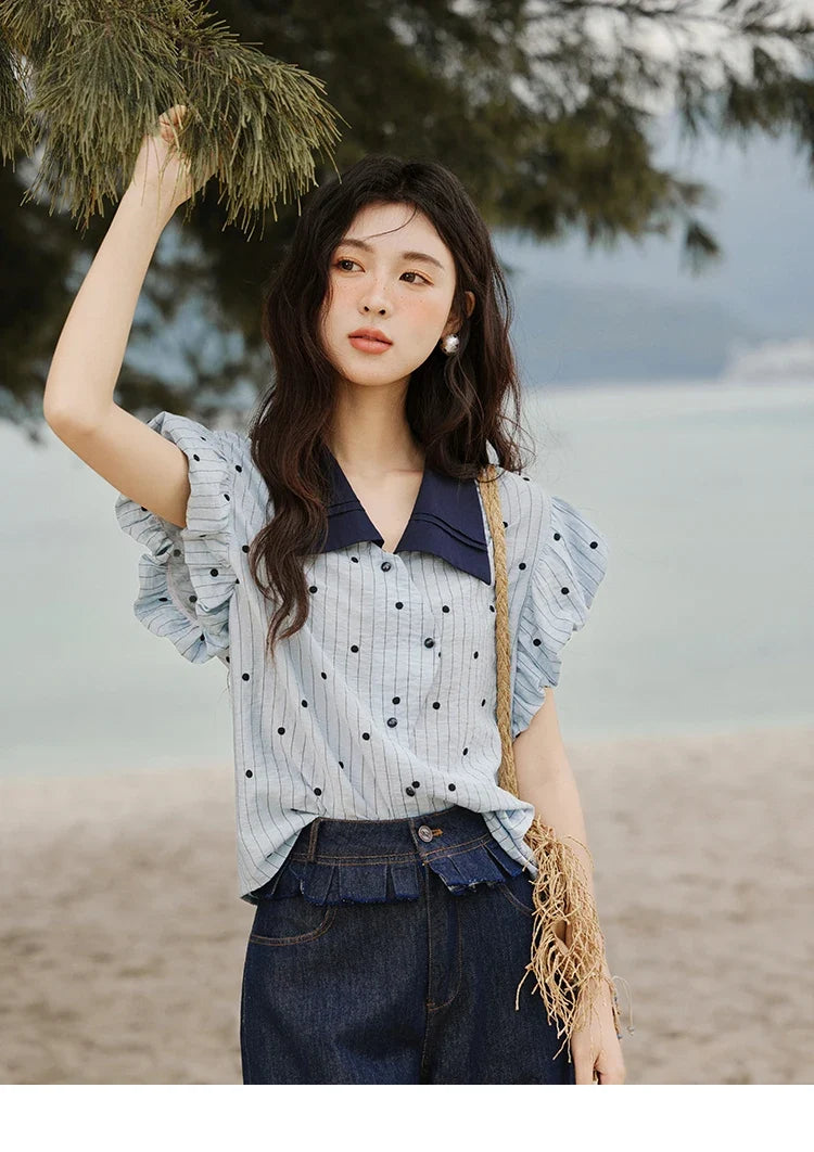 Summer Office Lady Blouses Women 2025 Short Sleeve Turn-down Collar Polka Dot Shirts Female Fashion Slim Tops MXE31C0776