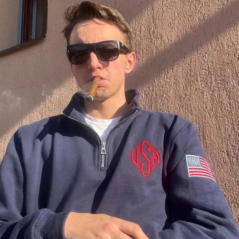 Y2K Navy Blue Quarter Zip Sweatshirt USA Embroidered American Flag Patch Jacket Men Women Vintage Streetwear Fashion Trend Top