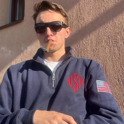 Y2K Navy Blue Quarter Zip Sweatshirt USA Embroidered American Flag Patch Jacket Men Women Vintage Streetwear Fashion Trend Top