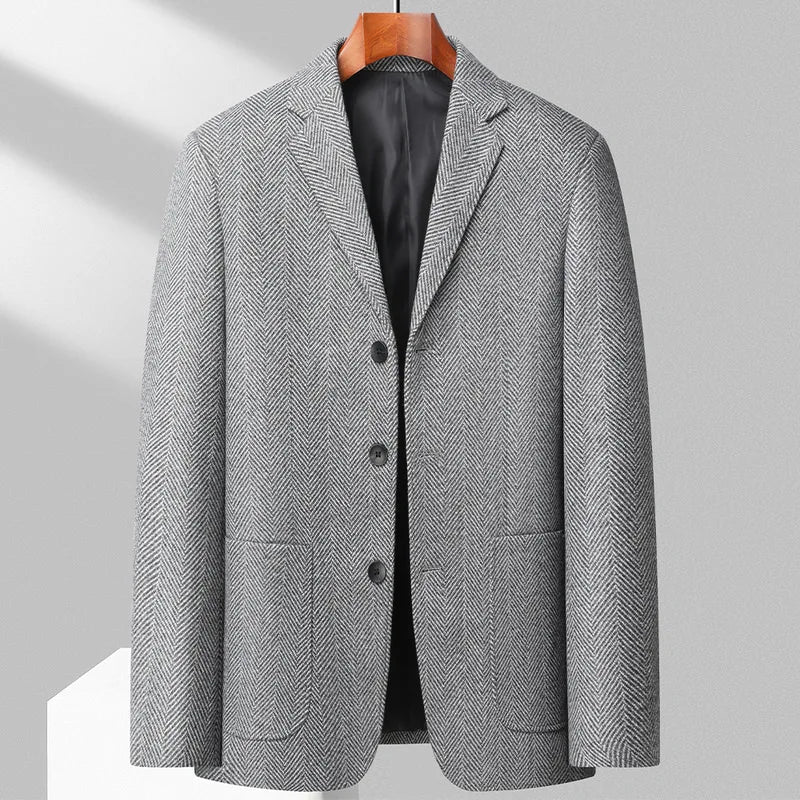 Men's Wool Blazer Herringbone Pattern Casual Business Suit Jacket Comfortable and Stylish Coat