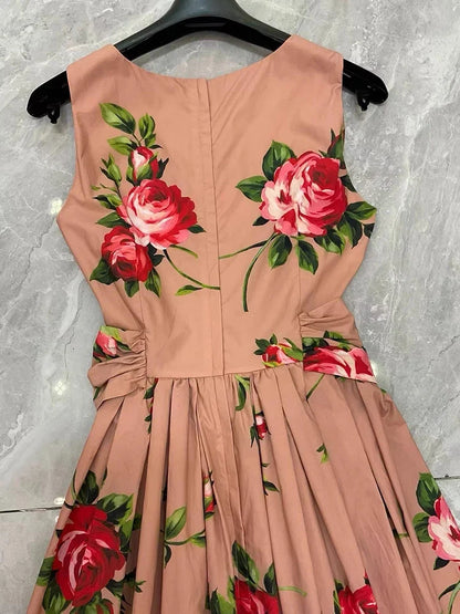 2026 Spring Women's New Fashion Round Neck Sleeveless Cotton Printed Tie a belt Waist cinching Dress