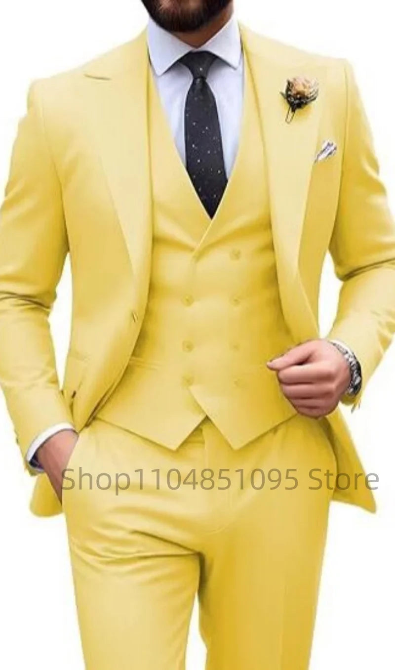 Men's Solid Color Slim Fit Formal Business Suit Wedding 3-Piece Set with Peak Lapel Blazer Vest And Trousers for Party Prom