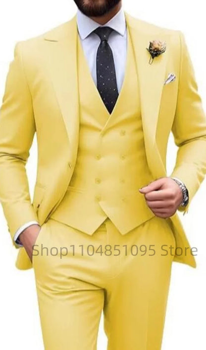 Men's Solid Color Slim Fit Formal Business Suit Wedding 3-Piece Set with Peak Lapel Blazer Vest And Trousers for Party Prom