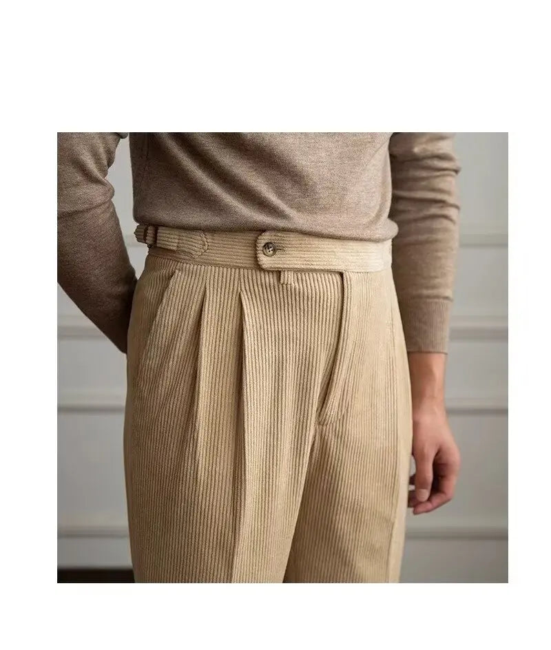 Classics Italian Naples Style Men's Suit Corduroy Pants Men High Waist Straight Work Formal British Business Brand Trousers Male