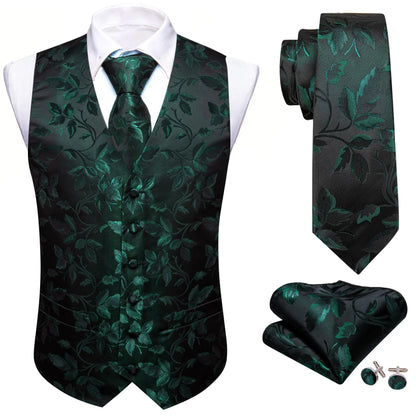 Men's Elegant Floral Vest & Tie Hanky Cufflinks Set – Formal Wine Green Blue Waistcoat for Weddings Events Party Gift