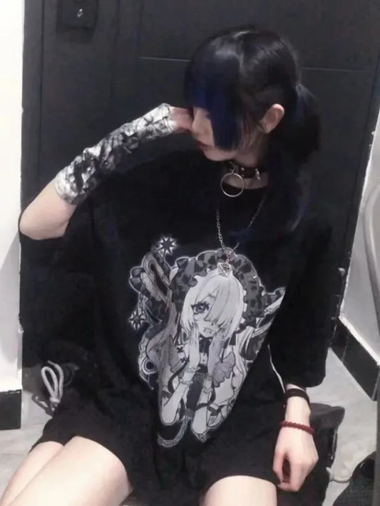 Harajuku Kawaii T-Shirt Women Sweet Japanese Gothic Subculture Loose Letter School Student Tees Long Sleeve Top Spring Outwear