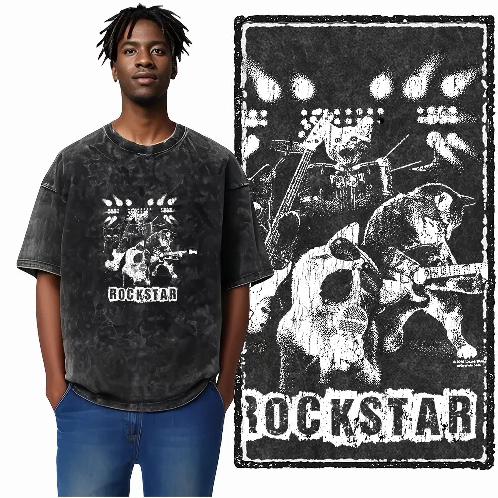 Cat Printed Cotton Acid Washed Exclusive Graphic Unisex T Shirt Cool Streetwear Men Tshirts Big Size Tee for Men