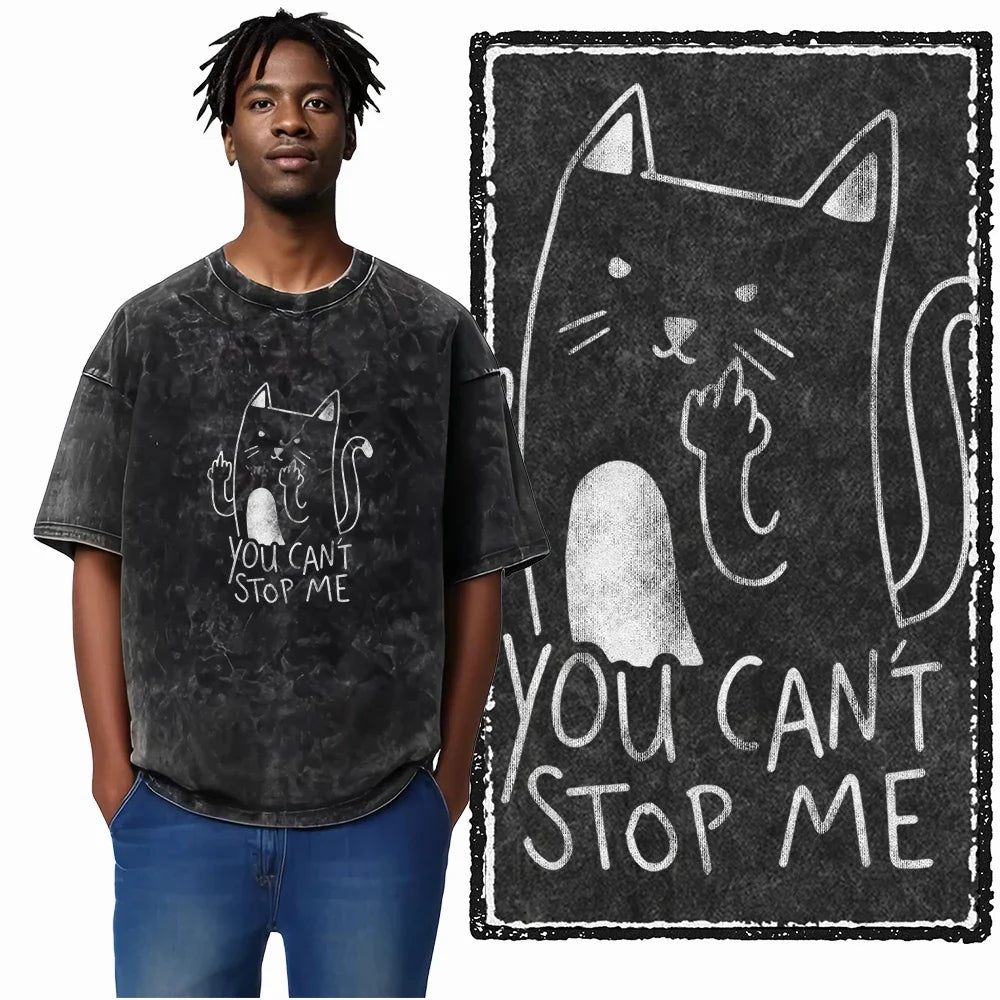 Cat Printed Cotton Acid Washed Exclusive Graphic Unisex T Shirt Cool Streetwear Men Tshirts Big Size Tee for Men