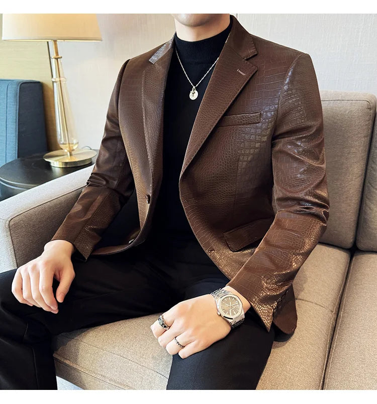 New High Quality Crocodile Stripe Slim Fit Leather Jacket Classic Business Casual Slim Fit Men Blazer Tuxedos Men Clothing 4XL-M