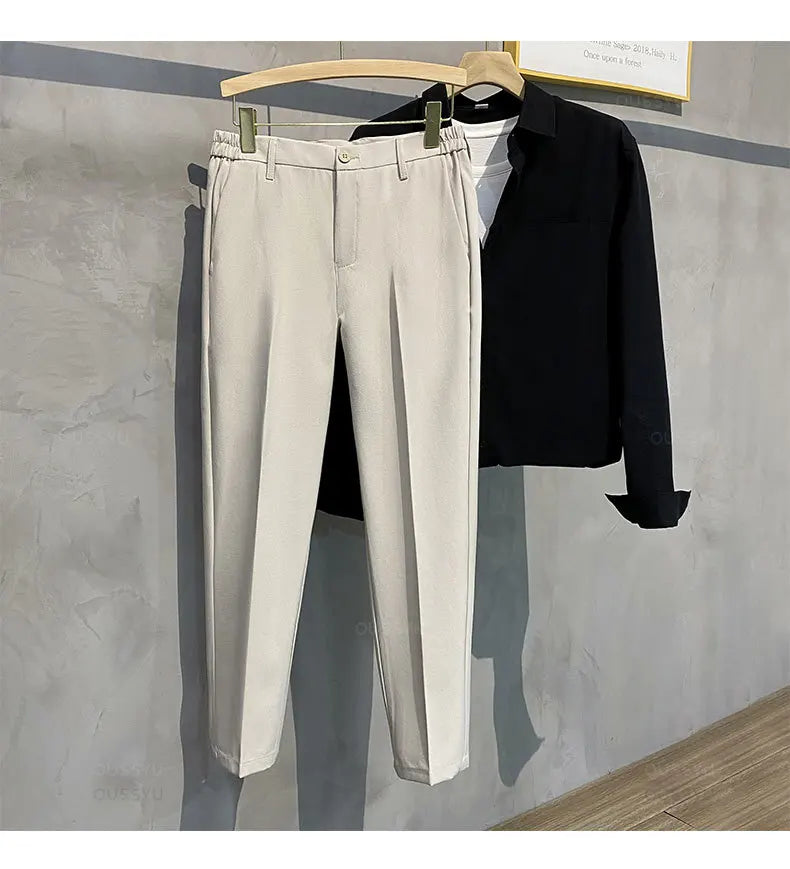 Summer Men's Casual Pants Suit Pant Slim Fit Work Elastic Waist Thin Jogging Business Trousers Male Black Grey Plus Size 40