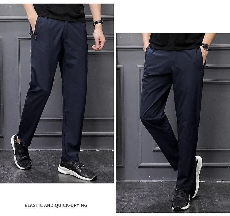 Men's Summer Cargo Pants Big Size Ice Silk Stretch Breathable Straight Leg Pants Quick Dry Elastic Lightweight Long Trousers