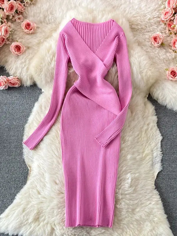 Autumn Winter 2025 Women Dress Elegant Cross V-neck Slim Waist Knitted Bodycon Dress Korean Office Lady Vestidos