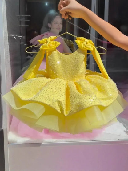 Sparkly Flower Girl Dress, Big Bow & Heart Tulle Ballet Skirt, Princess Gown for Wedding, Birthday Party, First Communion & Ball