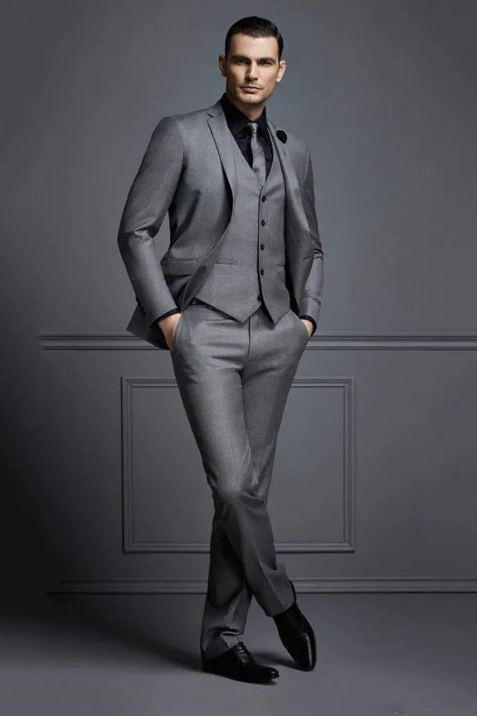 Grey Men Suit Groom Suit Cheap Formal Man Suits For Wedding Best Men Slim Fit Groom Tuxedos For Man(Jacket+Vest+Pants)