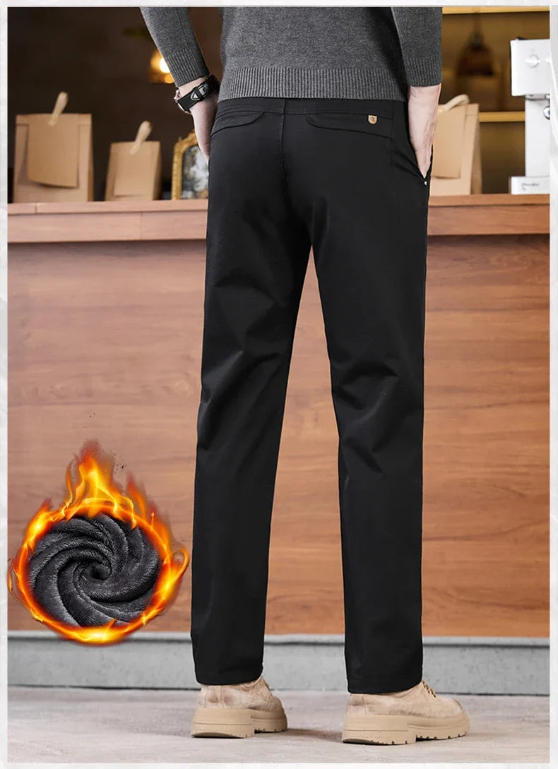 2025 Winter Fleece Pants Men's Pocket Fashion Thickened Cotton Stretch Comfort Plush Straight Business Pants Male
