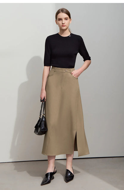 Minimalist Autumn New Commuter Asymmetrical Oblique Placket Split Skirt Non Ironing Anti Wrinkle A Shape Skirt 12551003