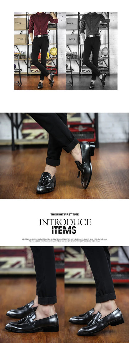 Fashion men's hair stylist pointed shoes British casual bright face retro small leather shoes nightclub fringe fashion shoes